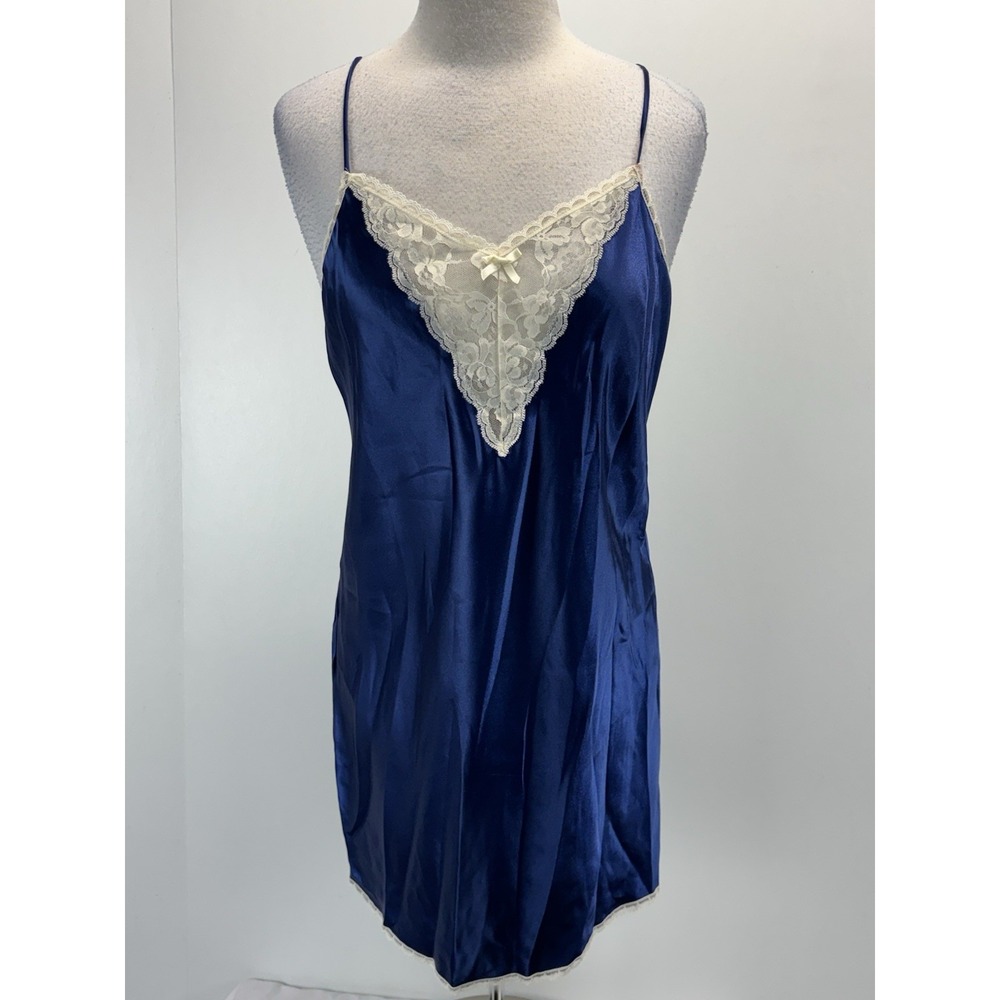 Vtg Lady Manhattan Satin Slip Nightgown Women's L Blue Nightie Made USA 90s